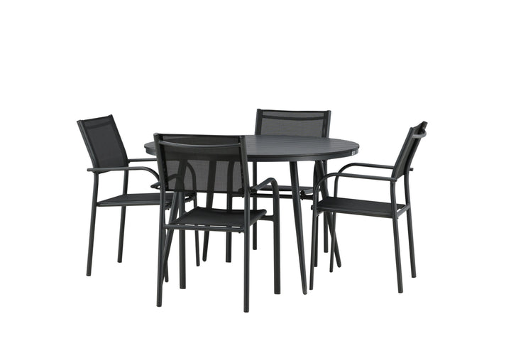 Venture Home Break - Dining Table Round- Black / Black - Alu / Aintwood - 120ø _1+ Santorini Arm Chair (Stackable) - Black alu / Black Textilene _4