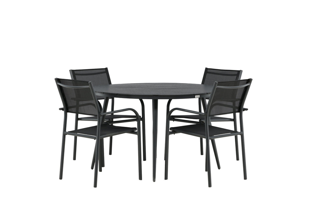 Venture Home Break - Dining Table Round- Black / Black - Alu / Aintwood - 120ø _1+ Santorini Arm Chair (Stackable) - Black alu / Black Textilene _4