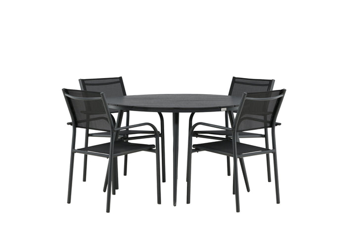 Venture Home Break - Dining Table Round- Black / Black - Alu / Aintwood - 120ø _1+ Santorini Arm Chair (Stackable) - Black alu / Black Textilene _4