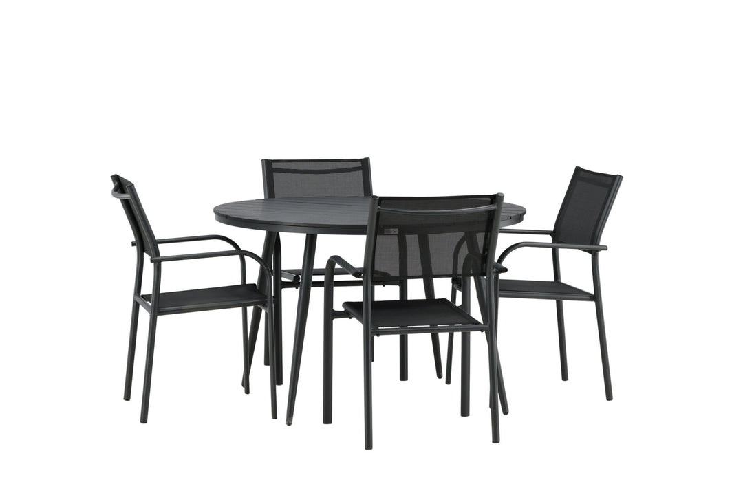 Venture Home Break - Dining Table Round- Black / Black - Alu / Aintwood - 120ø _1+ Santorini Arm Chair (Stackable) - Black alu / Black Textilene _4