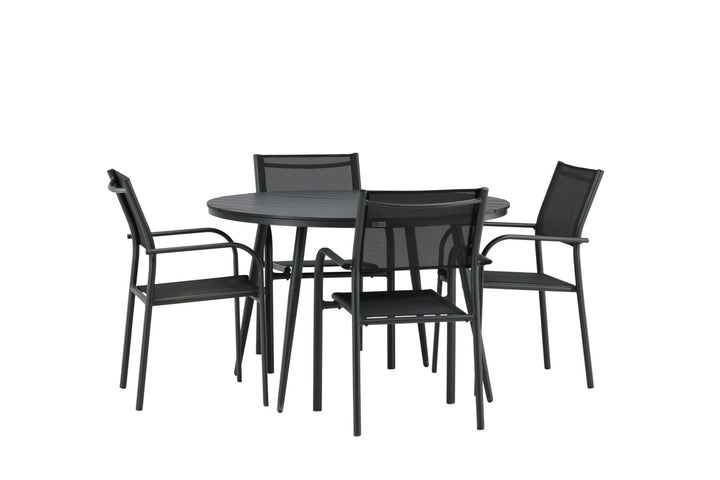 Venture Home Break - Dining Table Round- Black / Black - Alu / Aintwood - 120ø _1+ Santorini Arm Chair (Stackable) - Black alu / Black Textilene _4