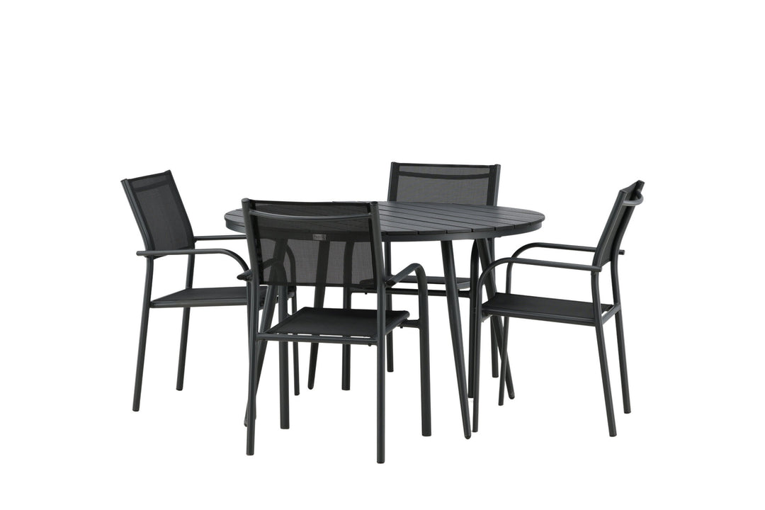 Venture Home Break - Dining Table Round- Black / Black - Alu / Aintwood - 120ø _1+ Santorini Arm Chair (Stackable) - Black alu / Black Textilene _4