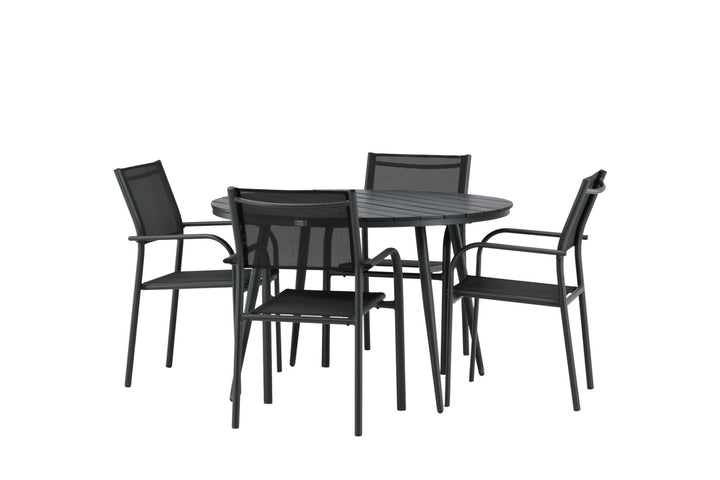 Venture Home Break - Dining Table Round- Black / Black - Alu / Aintwood - 120ø _1+ Santorini Arm Chair (Stackable) - Black alu / Black Textilene _4