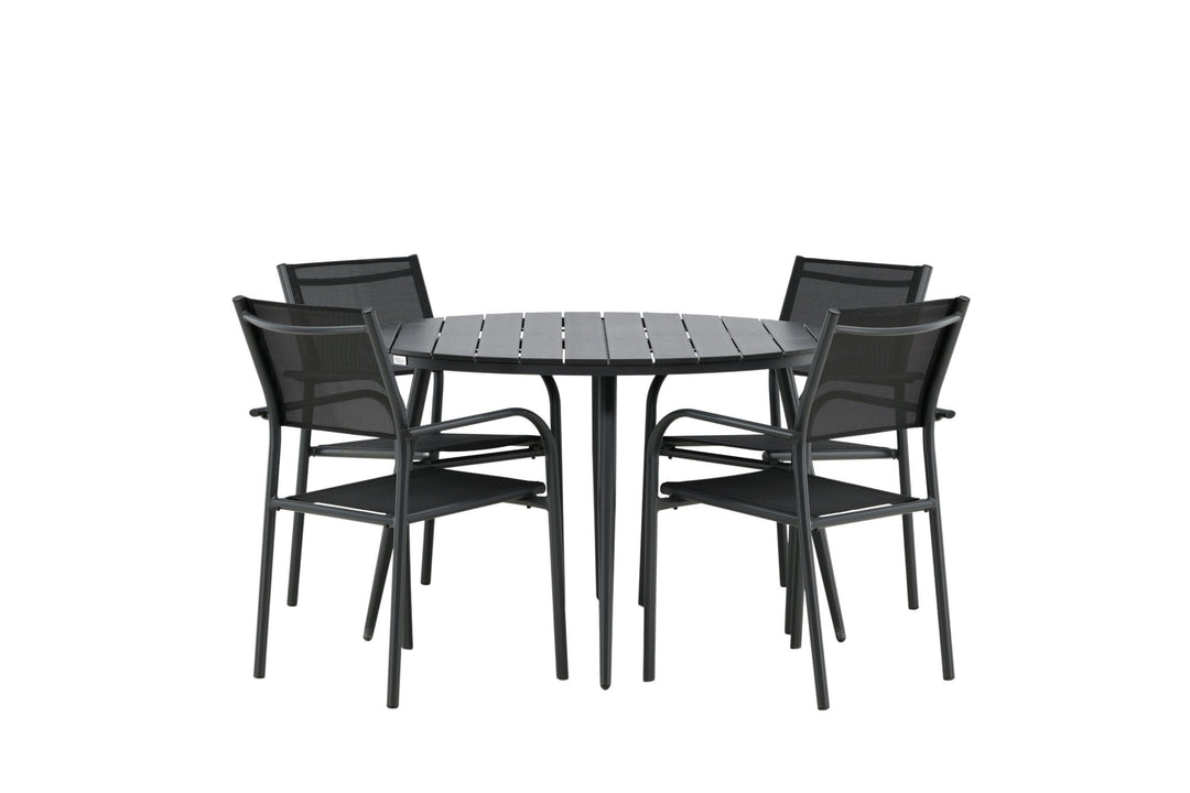 Venture Home Break - Dining Table Round- Black / Black - Alu / Aintwood - 120ø _1+ Santorini Arm Chair (Stackable) - Black alu / Black Textilene _4