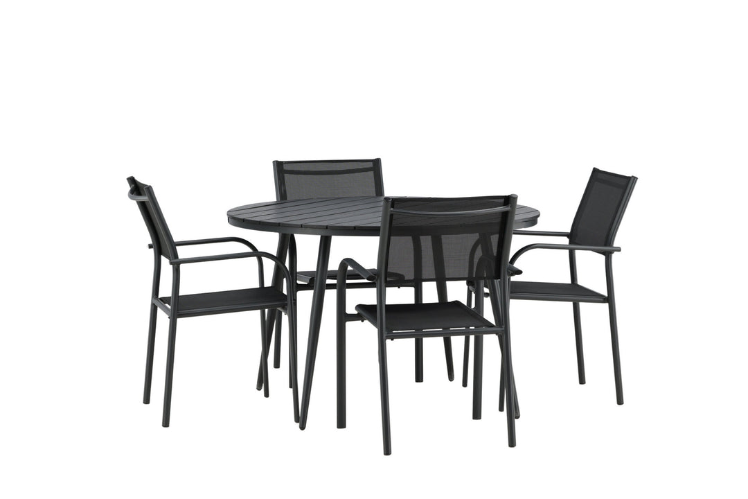 Venture Home Break - Dining Table Round- Black / Black - Alu / Aintwood - 120ø _1+ Santorini Arm Chair (Stackable) - Black alu / Black Textilene _4