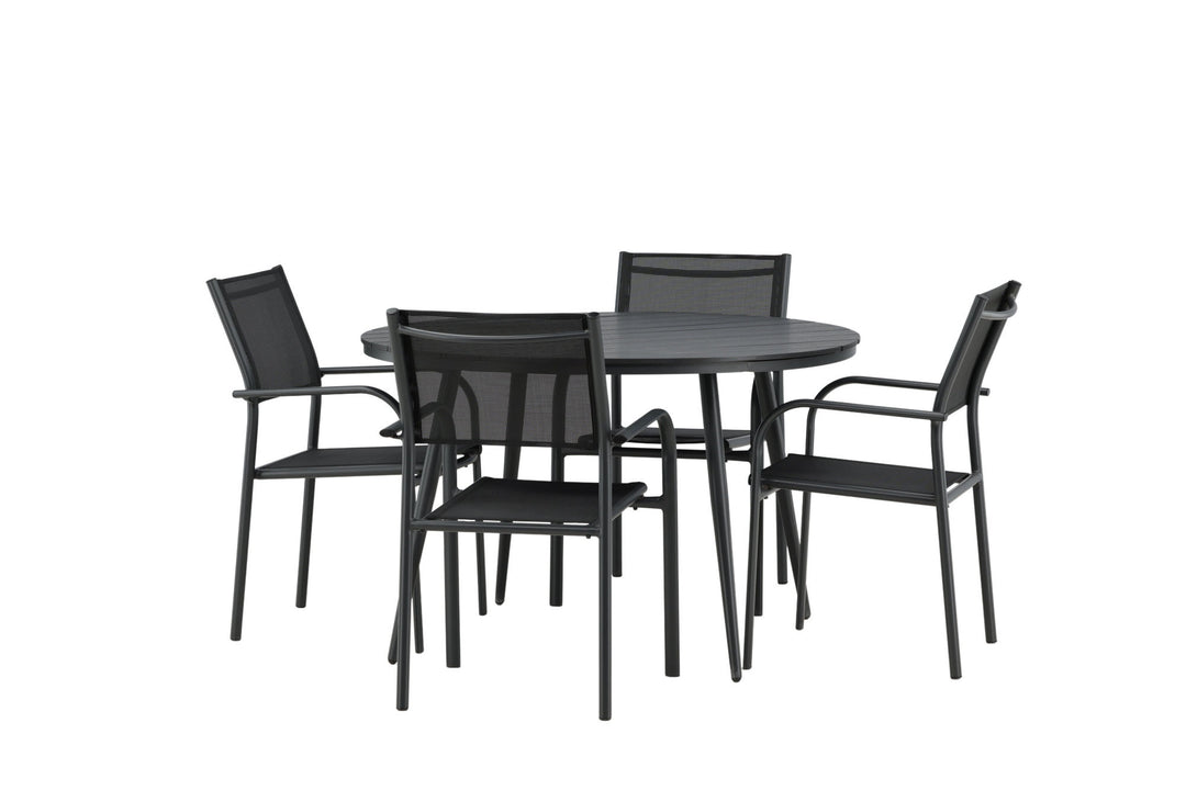 Venture Home Break - Dining Table Round- Black / Black - Alu / Aintwood - 120ø _1+ Santorini Arm Chair (Stackable) - Black alu / Black Textilene _4