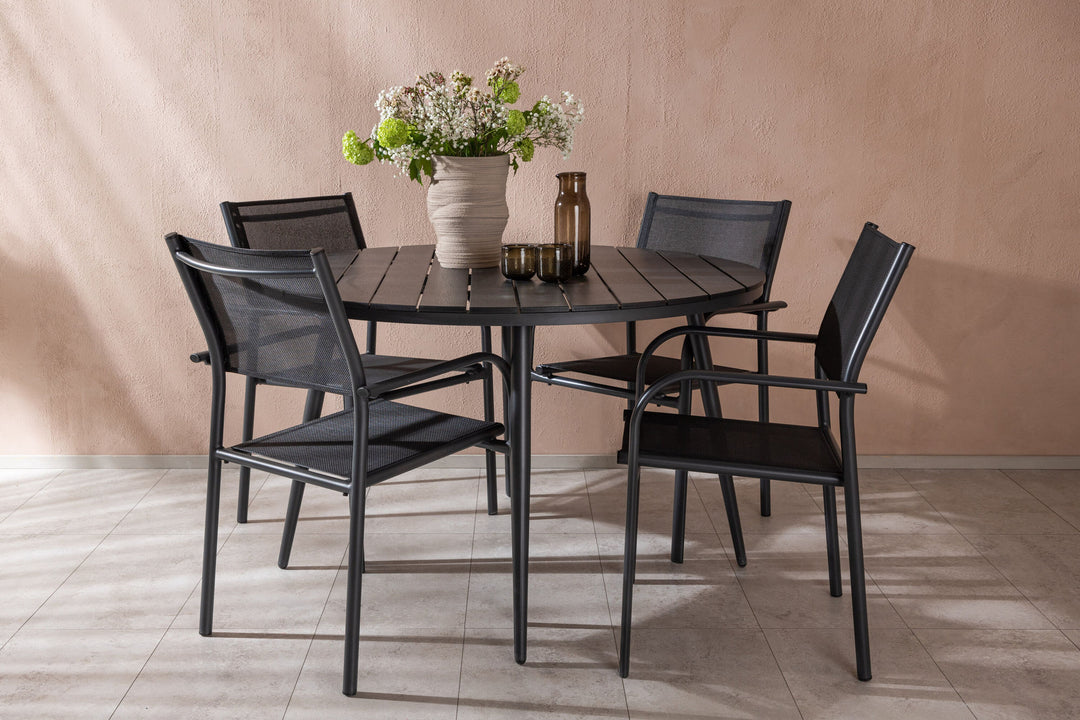 Venture Home Break - Dining Table Round- Black / Black - Alu / Aintwood - 120ø _1+ Santorini Arm Chair (Stackable) - Black alu / Black Textilene _4
