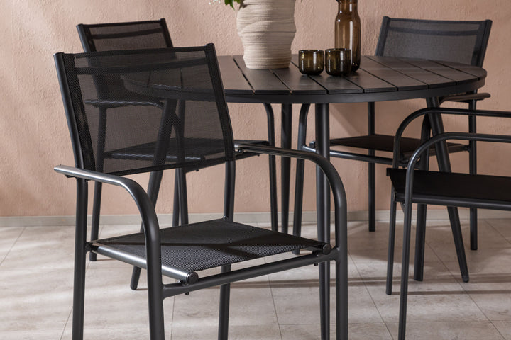Venture Home Break - Dining Table Round- Black / Black - Alu / Aintwood - 120ø _1+ Santorini Arm Chair (Stackable) - Black alu / Black Textilene _4
