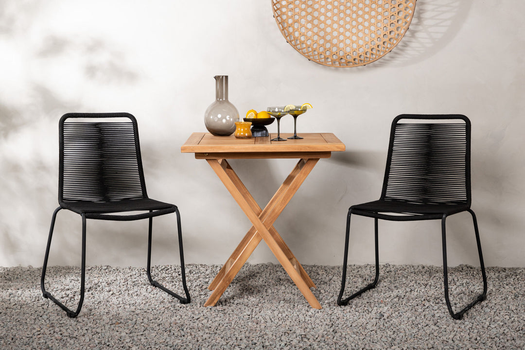 Venture Home Kenya - Folding Table- Natural - Teak - 70*70cm _1+ Lindos Stacking Chair - Black Alu / Black Rope _2