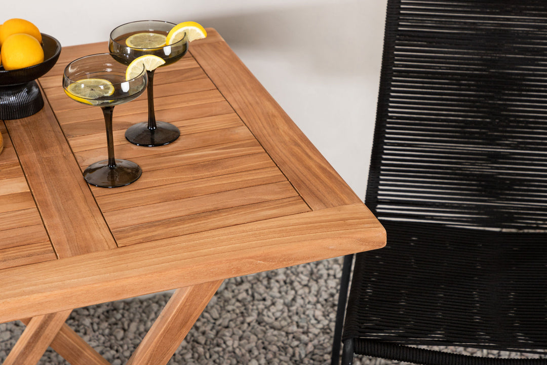 Venture Home Kenya - Folding Table- Natural - Teak - 70*70cm _1+ Lindos Stacking Chair - Black Alu / Black Rope _2