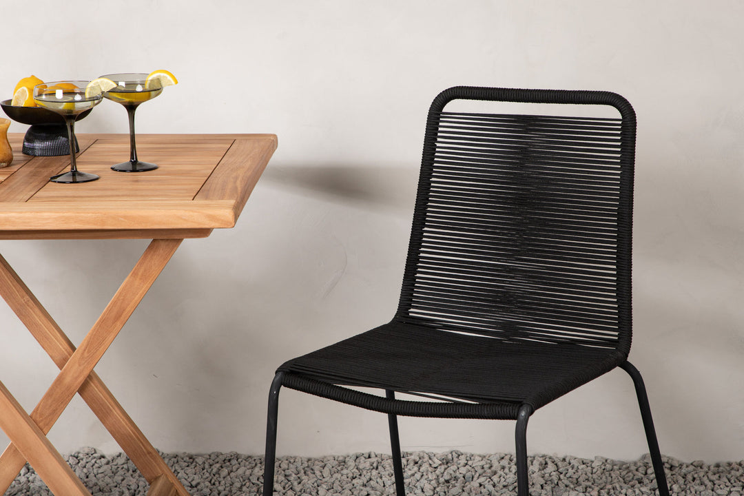 Venture Home Kenya - Folding Table- Natural - Teak - 70*70cm _1+ Lindos Stacking Chair - Black Alu / Black Rope _2