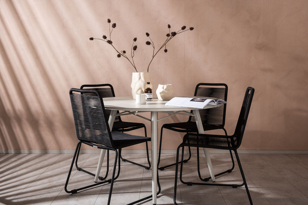 Venture Home Lina Dining Table - Beige - Round 120 cm _1+ Lindos Stacking Chair - Black Alu / Black Rope _4