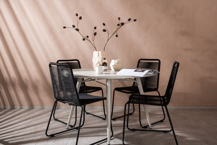 Venture Home Lina Dining Table - Beige - Round 120 cm _1+ Lindos Stacking Chair - Black Alu / Black Rope _4