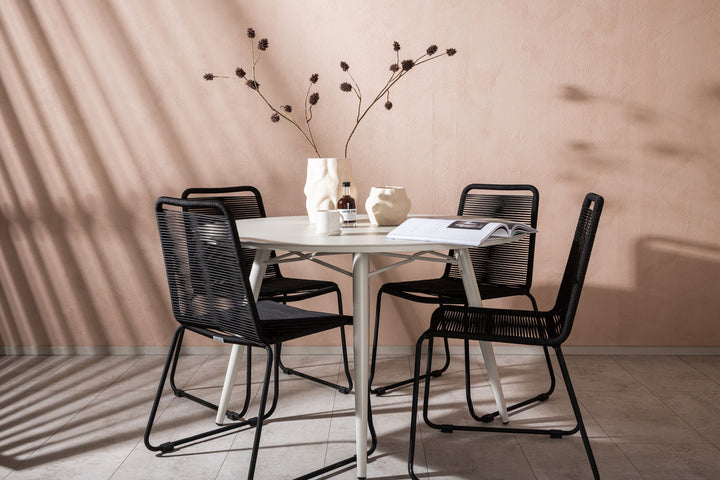 Venture Home Lina Dining Table - Beige - Round 120 cm _1+ Lindos Stacking Chair - Black Alu / Black Rope _4