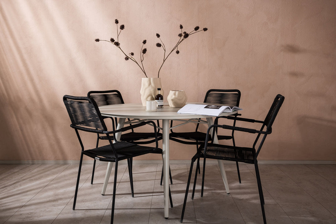 Venture Home Lina Dining Table - Beige - Round 120 cm _1+ Lindos Armchair - Black Alu / Black Rope _4