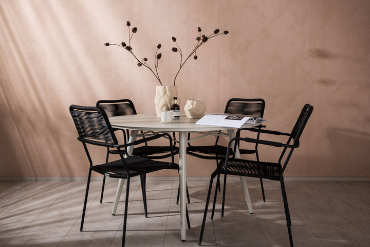Venture Home Lina Dining Table - Beige - Round 120 cm _1+ Lindos Armchair - Black Alu / Black Rope _4