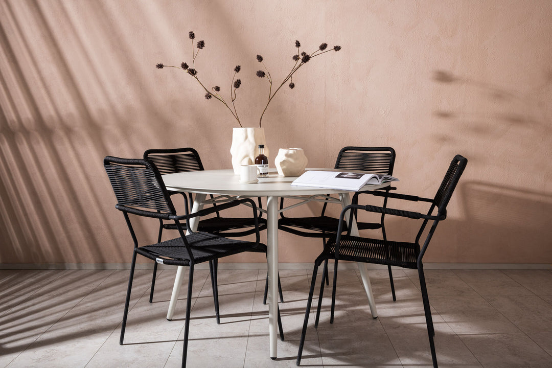 Venture Home Lina Dining Table - Beige - Round 120 cm _1+ Lindos Armchair - Black Alu / Black Rope _4