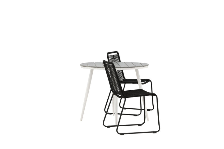 Venture Home Break - Dining Table Round- White / Grey - Alu / Aintwood - 90ø _1+ Lindos Stacking Chair - Black Alu / Black Rope _2