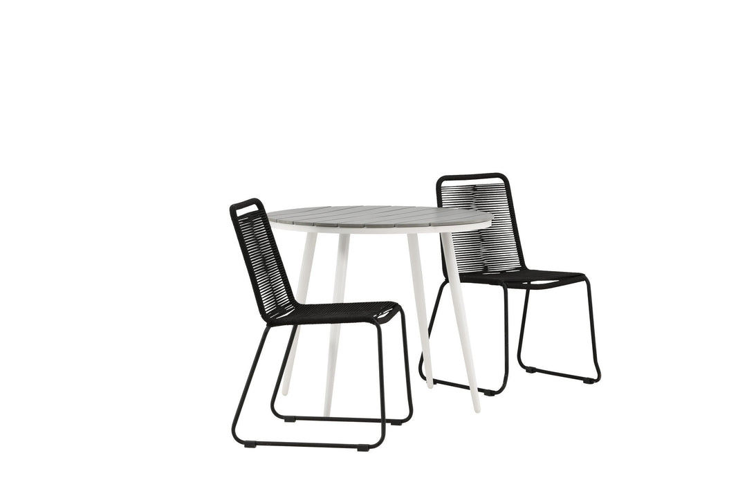 Venture Home Break - Dining Table Round- White / Grey - Alu / Aintwood - 90ø _1+ Lindos Stacking Chair - Black Alu / Black Rope _2