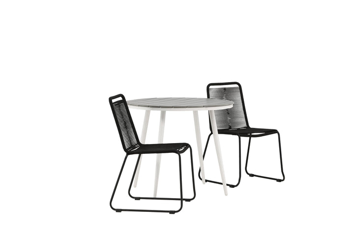 Venture Home Break - Dining Table Round- White / Grey - Alu / Aintwood - 90ø _1+ Lindos Stacking Chair - Black Alu / Black Rope _2