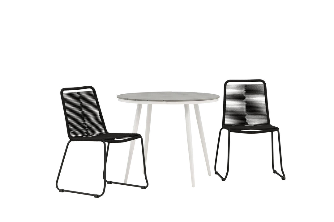 Venture Home Break - Dining Table Round- White / Grey - Alu / Aintwood - 90ø _1+ Lindos Stacking Chair - Black Alu / Black Rope _2