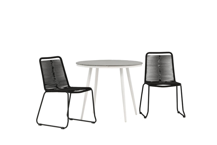 Venture Home Break - Dining Table Round- White / Grey - Alu / Aintwood - 90ø _1+ Lindos Stacking Chair - Black Alu / Black Rope _2