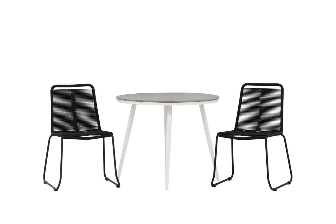 Venture Home Break - Dining Table Round- White / Grey - Alu / Aintwood - 90ø _1+ Lindos Stacking Chair - Black Alu / Black Rope _2