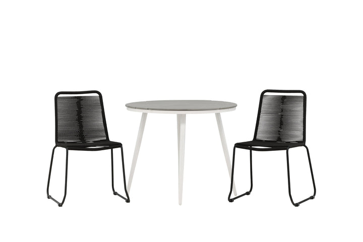 Venture Home Break - Dining Table Round- White / Grey - Alu / Aintwood - 90ø _1+ Lindos Stacking Chair - Black Alu / Black Rope _2
