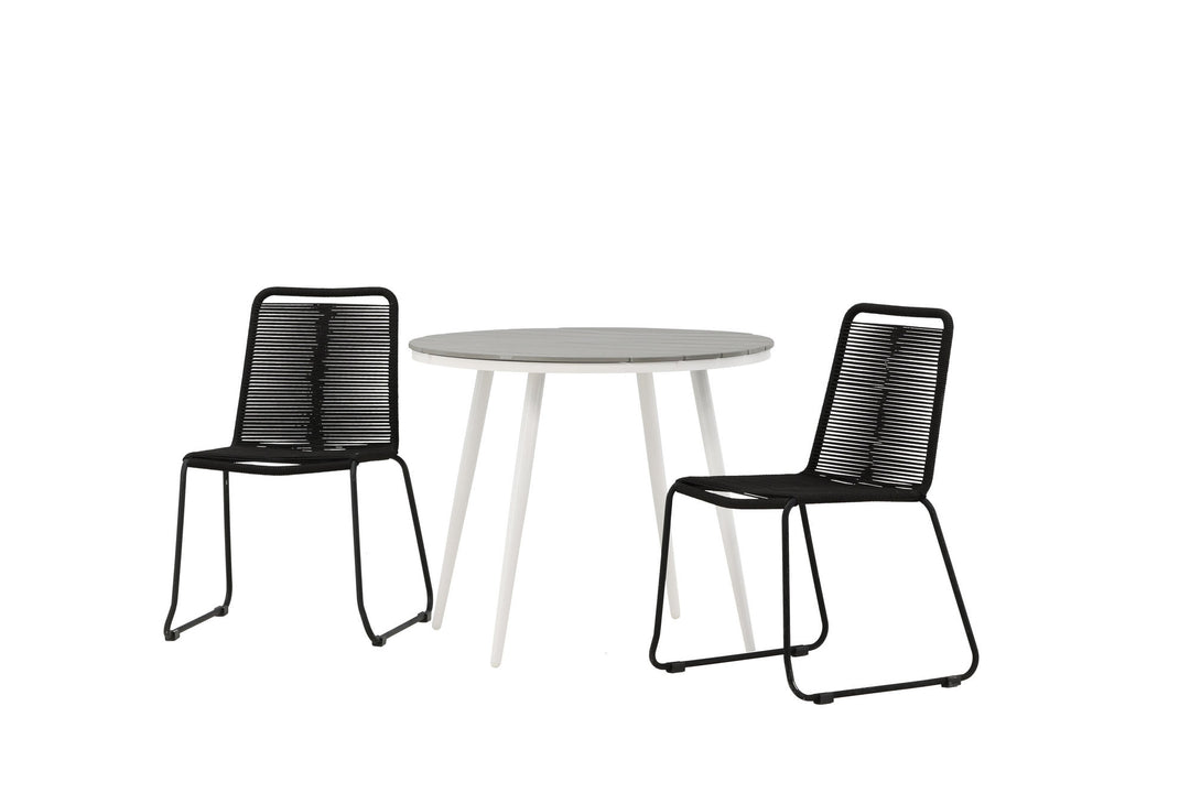 Venture Home Break - Dining Table Round- White / Grey - Alu / Aintwood - 90ø _1+ Lindos Stacking Chair - Black Alu / Black Rope _2