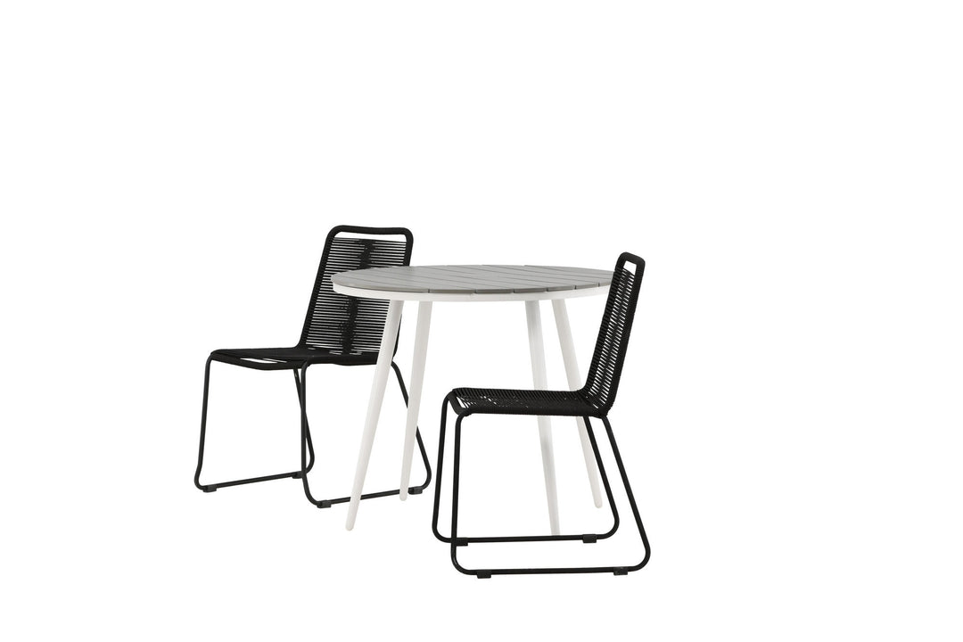 Venture Home Break - Dining Table Round- White / Grey - Alu / Aintwood - 90ø _1+ Lindos Stacking Chair - Black Alu / Black Rope _2