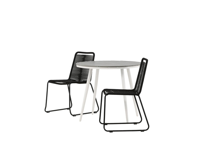 Venture Home Break - Dining Table Round- White / Grey - Alu / Aintwood - 90ø _1+ Lindos Stacking Chair - Black Alu / Black Rope _2