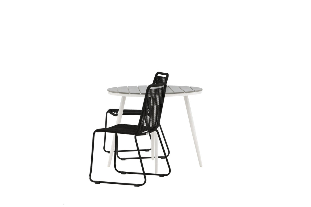 Venture Home Break - Dining Table Round- White / Grey - Alu / Aintwood - 90ø _1+ Lindos Stacking Chair - Black Alu / Black Rope _2