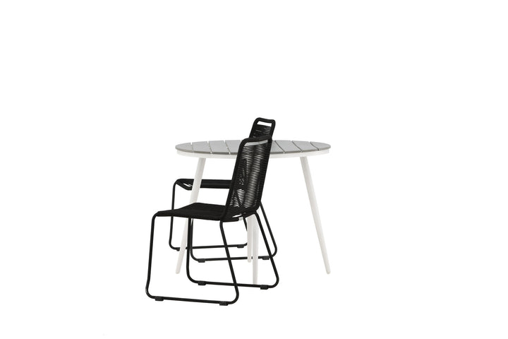 Venture Home Break - Dining Table Round- White / Grey - Alu / Aintwood - 90ø _1+ Lindos Stacking Chair - Black Alu / Black Rope _2