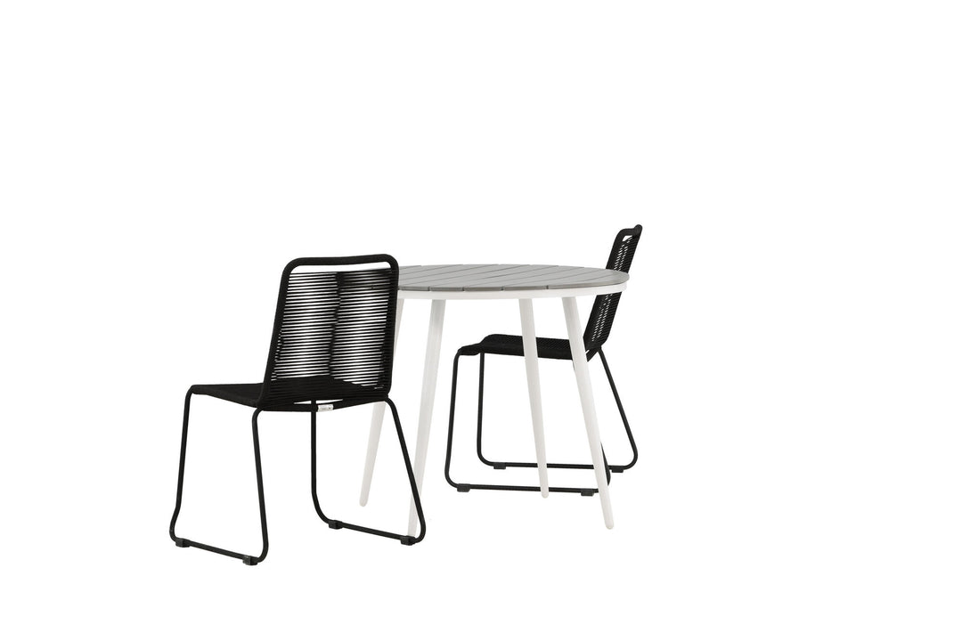 Venture Home Break - Dining Table Round- White / Grey - Alu / Aintwood - 90ø _1+ Lindos Stacking Chair - Black Alu / Black Rope _2