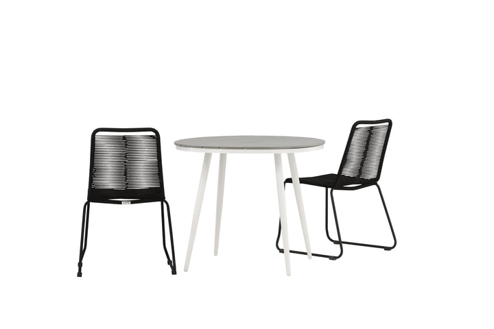 Venture Home Break - Dining Table Round- White / Grey - Alu / Aintwood - 90ø _1+ Lindos Stacking Chair - Black Alu / Black Rope _2