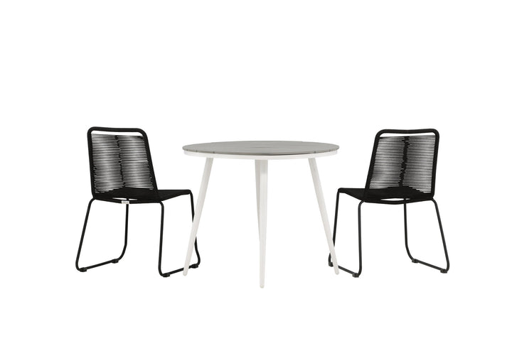 Venture Home Break - Dining Table Round- White / Grey - Alu / Aintwood - 90ø _1+ Lindos Stacking Chair - Black Alu / Black Rope _2
