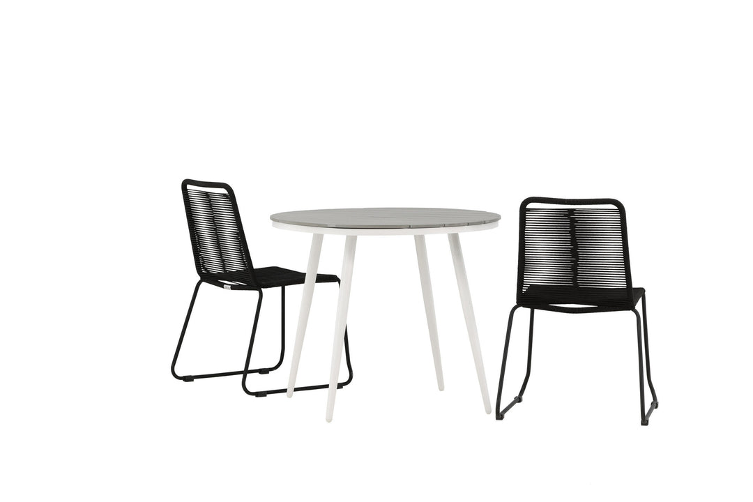Venture Home Break - Dining Table Round- White / Grey - Alu / Aintwood - 90ø _1+ Lindos Stacking Chair - Black Alu / Black Rope _2