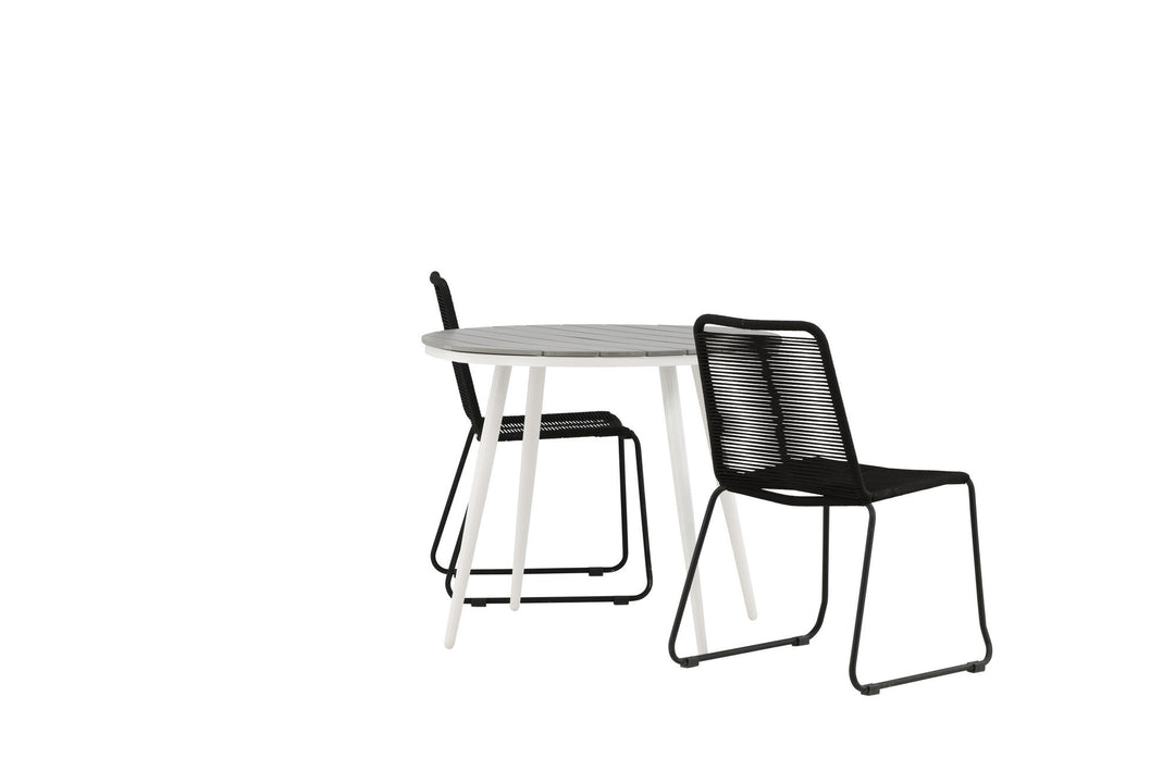 Venture Home Break - Dining Table Round- White / Grey - Alu / Aintwood - 90ø _1+ Lindos Stacking Chair - Black Alu / Black Rope _2