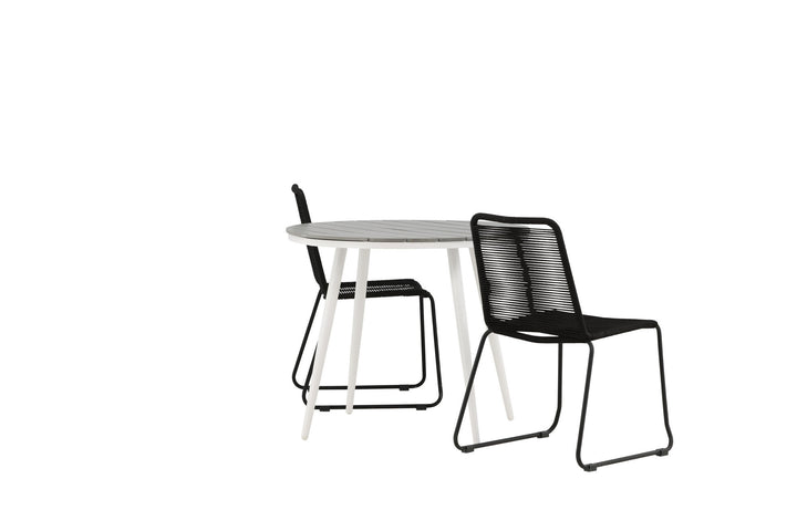 Venture Home Break - Dining Table Round- White / Grey - Alu / Aintwood - 90ø _1+ Lindos Stacking Chair - Black Alu / Black Rope _2