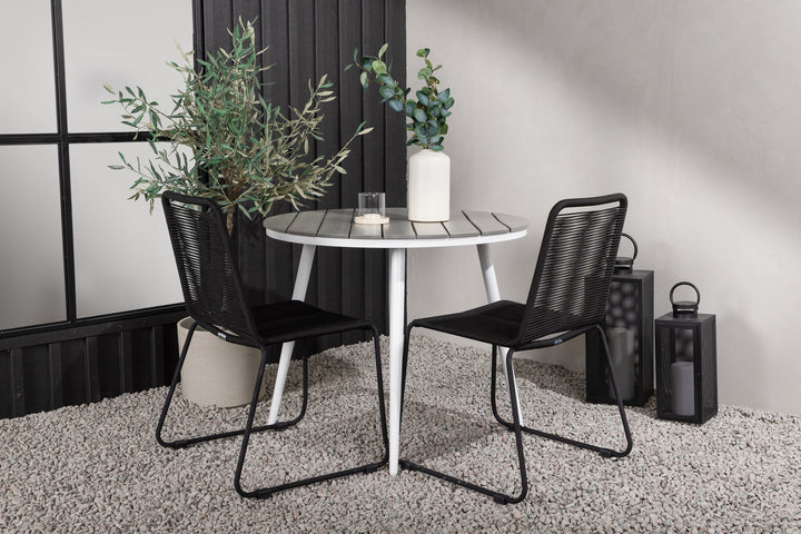 Venture Home Break - Dining Table Round- White / Grey - Alu / Aintwood - 90ø _1+ Lindos Stacking Chair - Black Alu / Black Rope _2