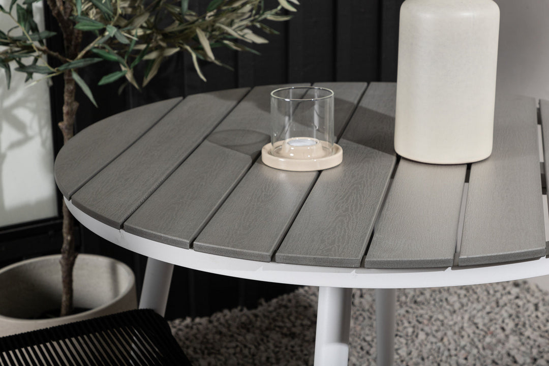 Venture Home Break - Dining Table Round- White / Grey - Alu / Aintwood - 90ø _1+ Lindos Stacking Chair - Black Alu / Black Rope _2