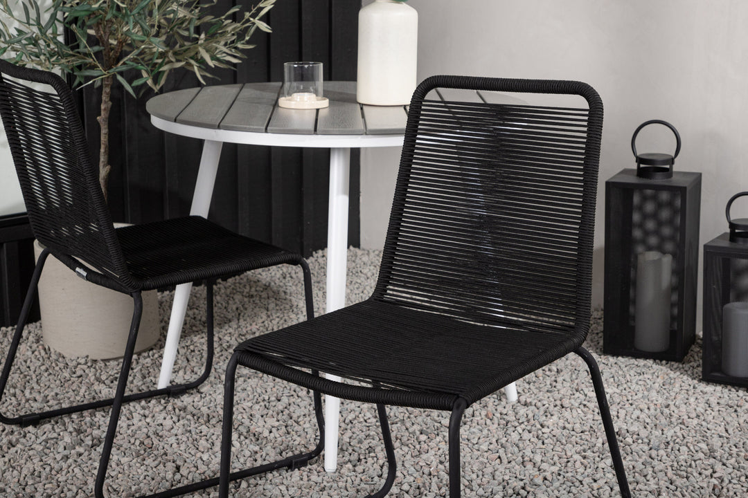 Venture Home Break - Dining Table Round- White / Grey - Alu / Aintwood - 90ø _1+ Lindos Stacking Chair - Black Alu / Black Rope _2