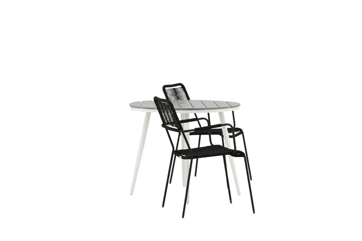 Venture Home Break - Dining Table Round- White / Grey - Alu / Aintwood - 90ø _1+ Lindos Armchair - Black Alu / Black Rope _2