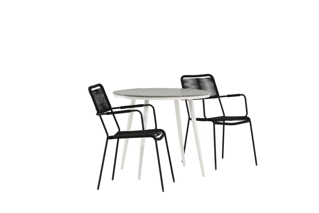 Venture Home Break - Dining Table Round- White / Grey - Alu / Aintwood - 90ø _1+ Lindos Armchair - Black Alu / Black Rope _2