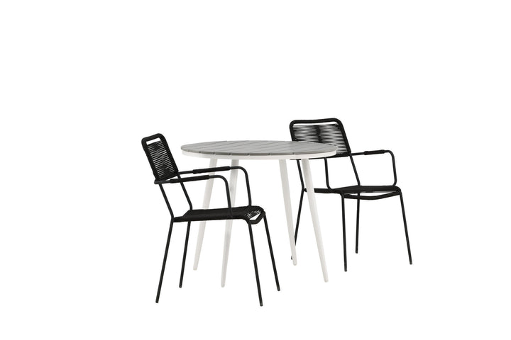 Venture Home Break - Dining Table Round- White / Grey - Alu / Aintwood - 90ø _1+ Lindos Armchair - Black Alu / Black Rope _2