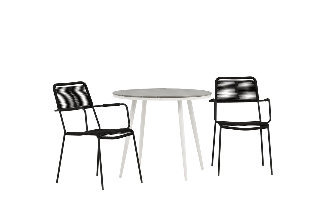 Venture Home Break - Dining Table Round- White / Grey - Alu / Aintwood - 90ø _1+ Lindos Armchair - Black Alu / Black Rope _2