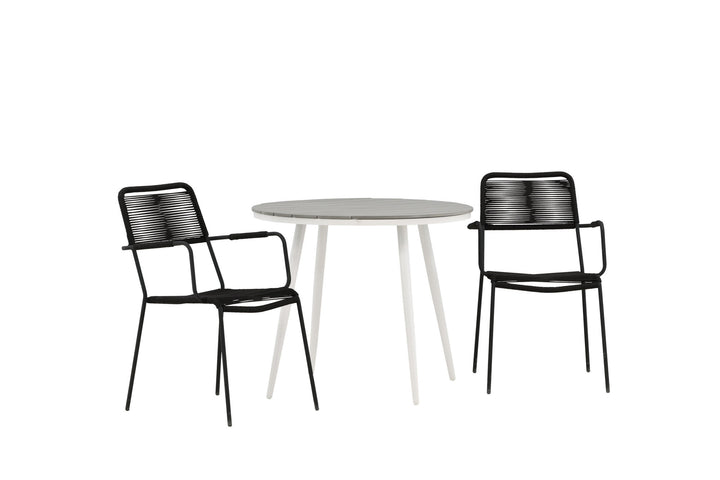 Venture Home Break - Dining Table Round- White / Grey - Alu / Aintwood - 90ø _1+ Lindos Armchair - Black Alu / Black Rope _2