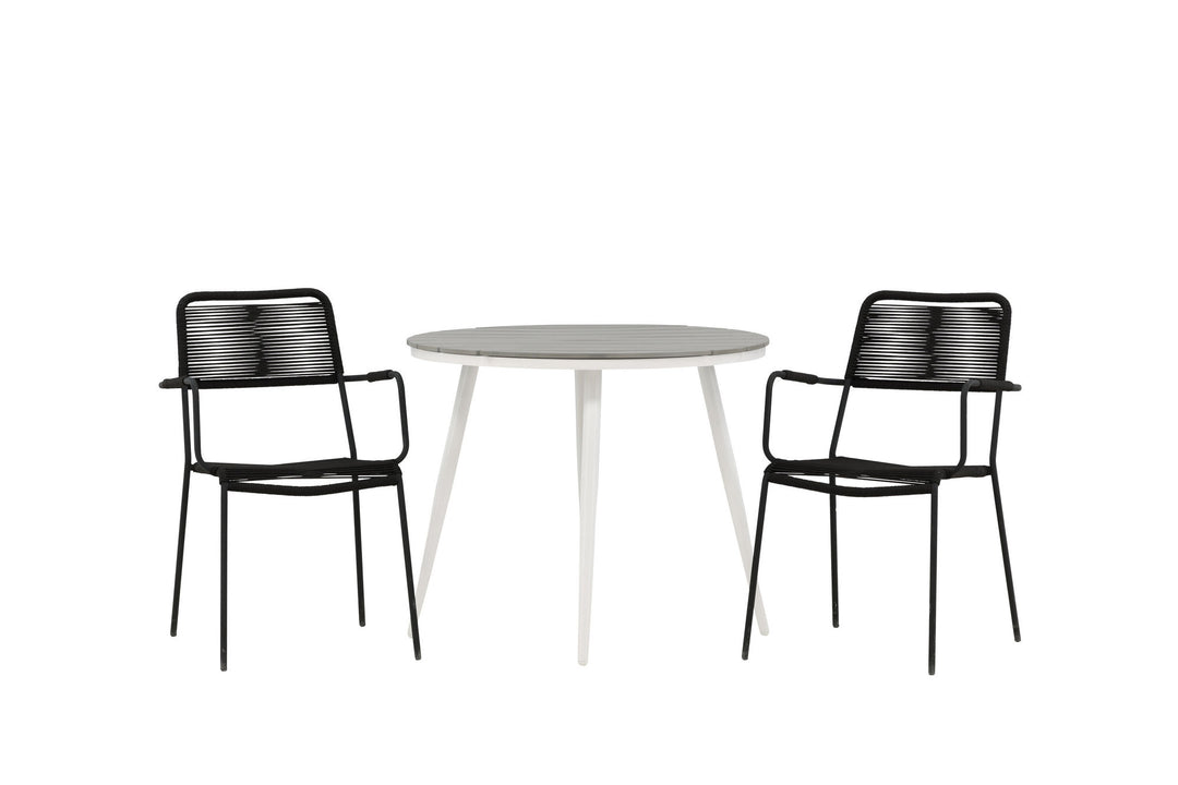 Venture Home Break - Dining Table Round- White / Grey - Alu / Aintwood - 90ø _1+ Lindos Armchair - Black Alu / Black Rope _2