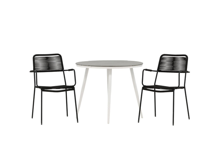 Venture Home Break - Dining Table Round- White / Grey - Alu / Aintwood - 90ø _1+ Lindos Armchair - Black Alu / Black Rope _2