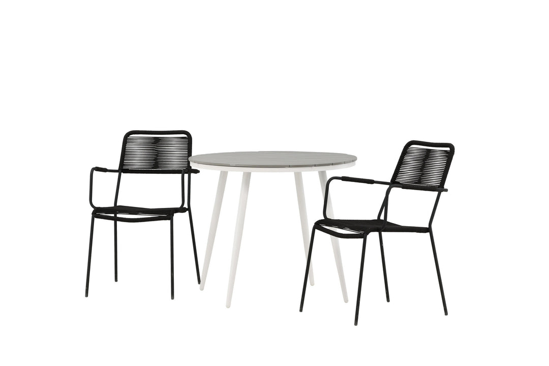 Venture Home Break - Dining Table Round- White / Grey - Alu / Aintwood - 90ø _1+ Lindos Armchair - Black Alu / Black Rope _2